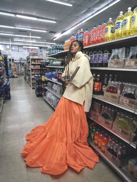 Beyoncé in January 2020 Elle magazine, wearing Ivy Park, photo by Melinda Matsoukas