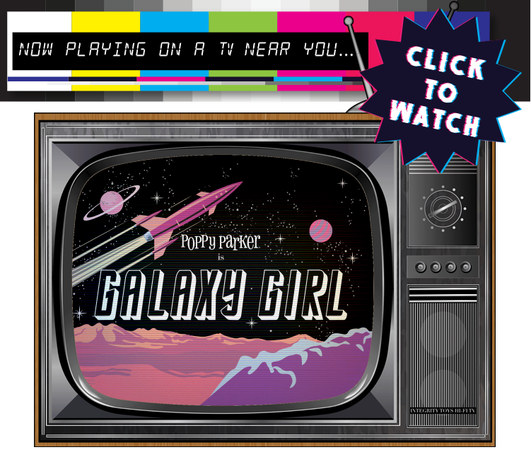 TV card in a retro style for the imaginary tv series Galaxy Girl for Poppy Parker doll